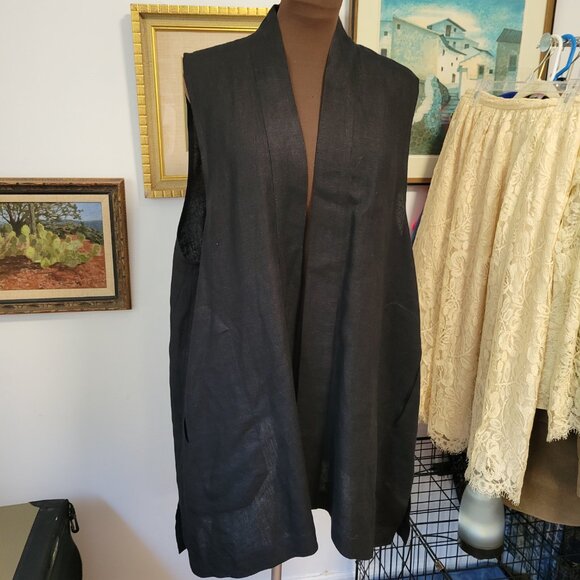 Eskandar European Stylish Black Linen Vest Oversized 90's One Size - Picture 1 of 9